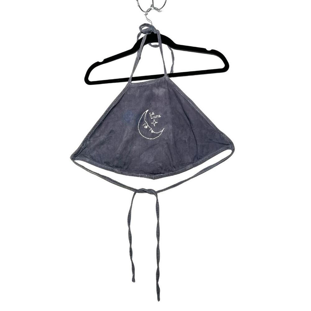 Brandy Melville Tie Back Dark Wash Denim Halter Top Moon La Luna Embroidery